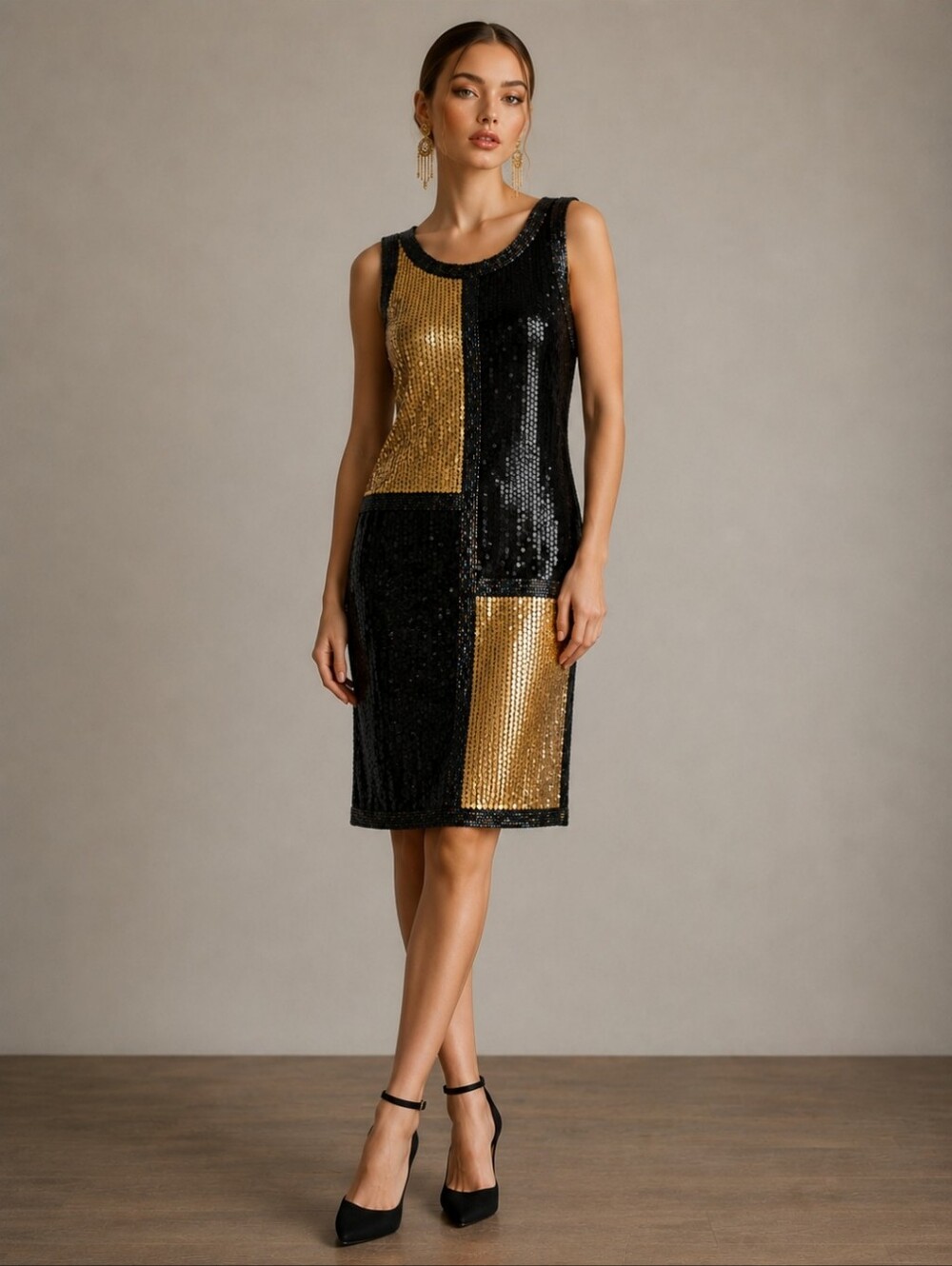 Vintage Silk Black Gold Sequin Dress Evening Cocktail Dress NWT